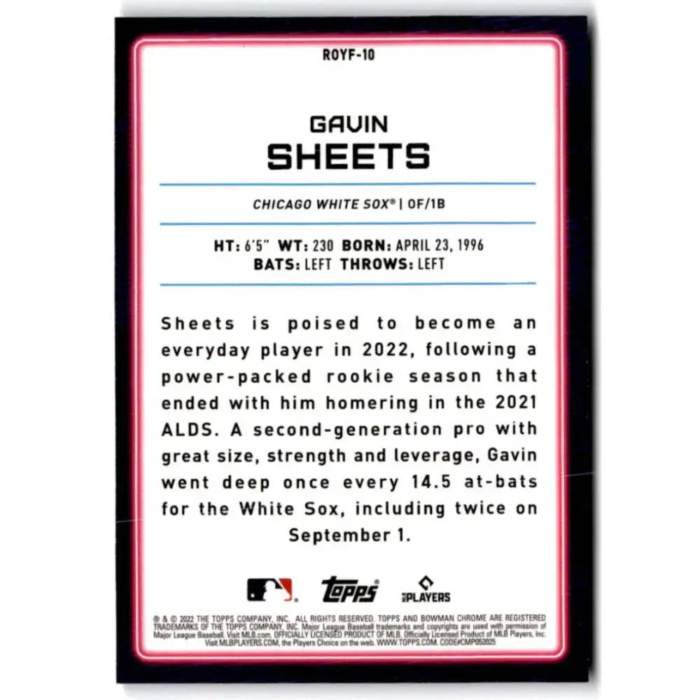 2022 Bowman Chrome Mega Box Mojo Rookie of the Year Favorites Refractor #ROYF-10 Gavin Sheets NM-MT Chicago White Sox