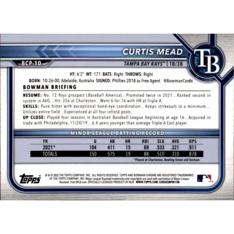 2022 Bowman Chrome Prospects #BCP-10 Curtis Mead NM-MT Tampa Bay Rays Baseball Card - Baseball Card Single