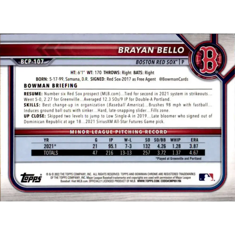 2022 Bowman Chrome Prospects #BCP-107 Brayan Bello NM-MT Boston Red Sox Baseball Card - Baseball Card Single