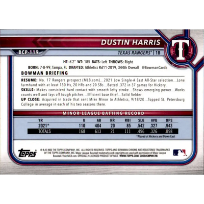 2022 Bowman Chrome Prospects #BCP-119 Dustin Harris NM-MT Texas Rangers Baseball Card