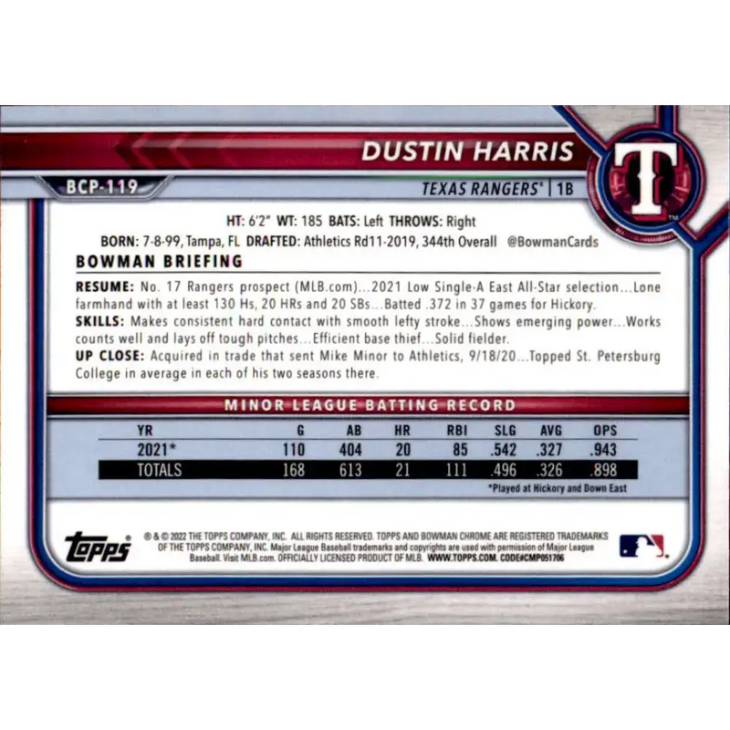 2022 Bowman Chrome Prospects #BCP-119 Dustin Harris NM-MT Texas Rangers Baseball Card - Baseball Card Single