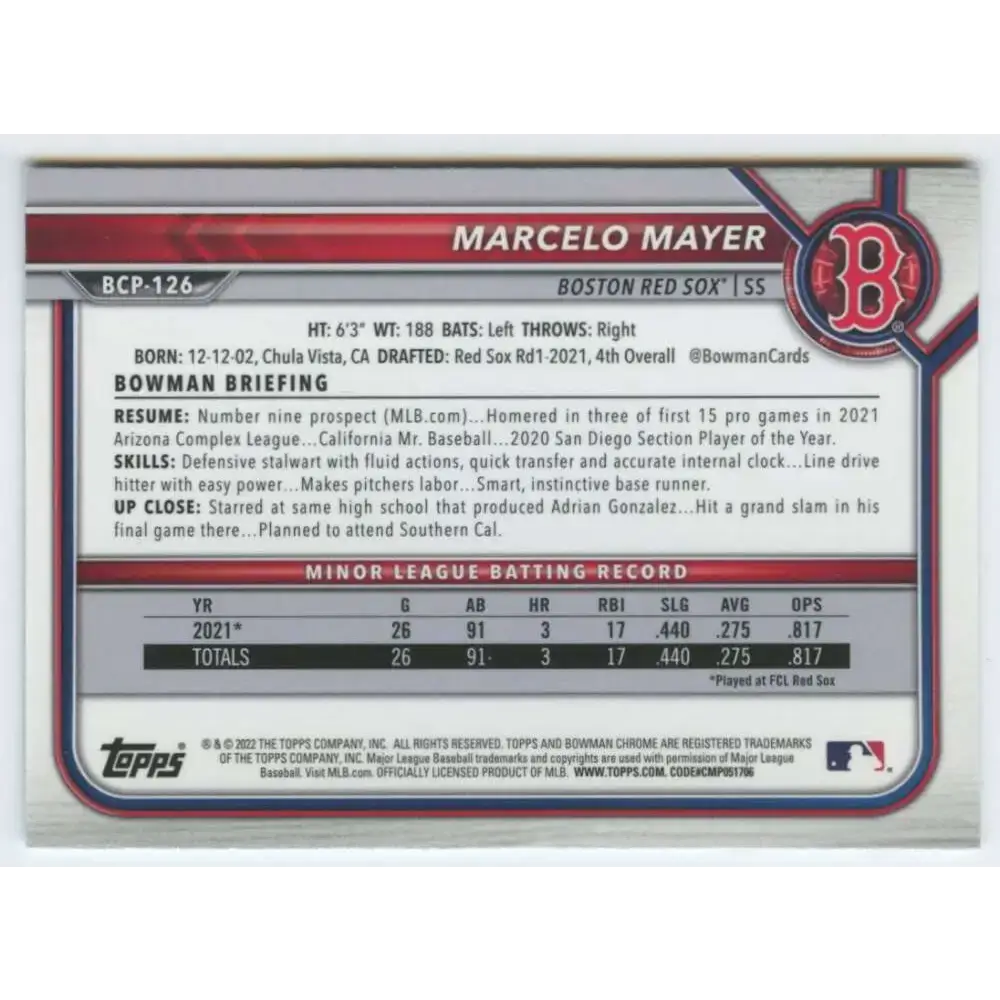 2022 Bowman Chrome Prospects #BCP-126 Marcelo Mayer NM-MT Boston Red Sox Baseball Card - Baseball Card Single