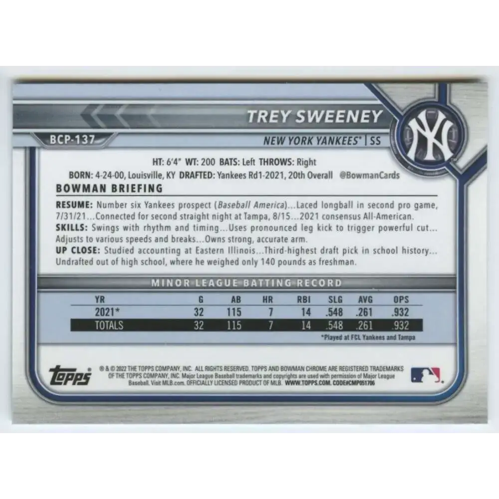 2022 Bowman Chrome Prospects #BCP-137 Trey Sweeney NM-MT New York Yankees Baseball Card - Baseball Card Single