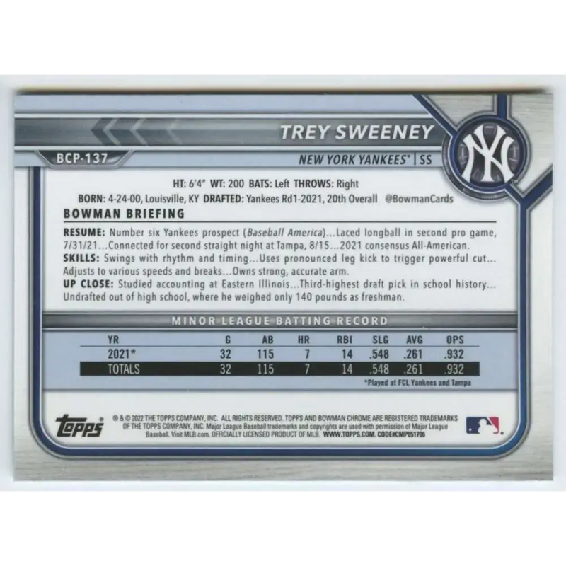 2022 Bowman Chrome Prospects #BCP-137 Trey Sweeney NM-MT New York Yankees Baseball Card - Baseball Card Single