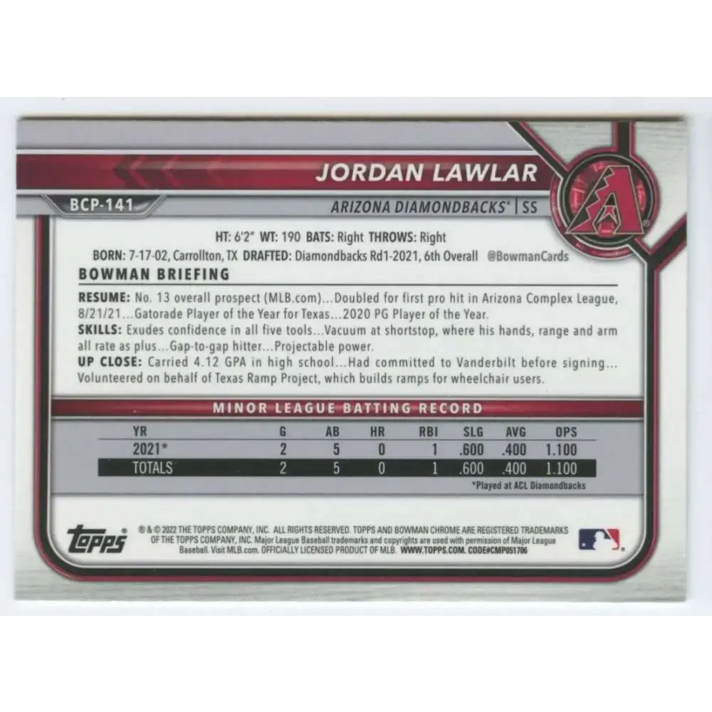 2022 Bowman Chrome Prospects #BCP-141 Jordan Lawlar NM-MT Arizona Diamondbacks Baseball Card - Baseball Card Single