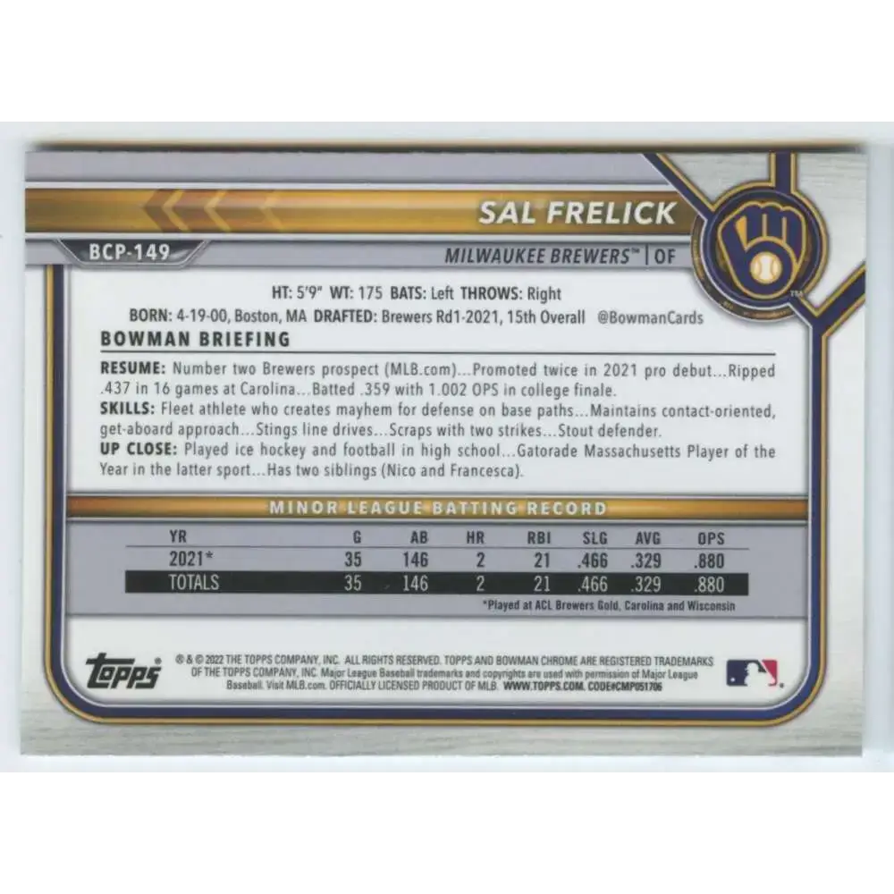 2022 Bowman Chrome Prospects #BCP-149 Sal Frelick NM-MT Milwaukee Brewers Baseball Card - Baseball Card Single
