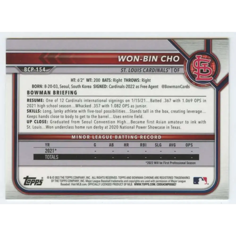 2022 Bowman Chrome Prospects #BCP-154 Won-Bin Cho NM-MT St. Louis Cardinals Baseball Card - Baseball Card Single