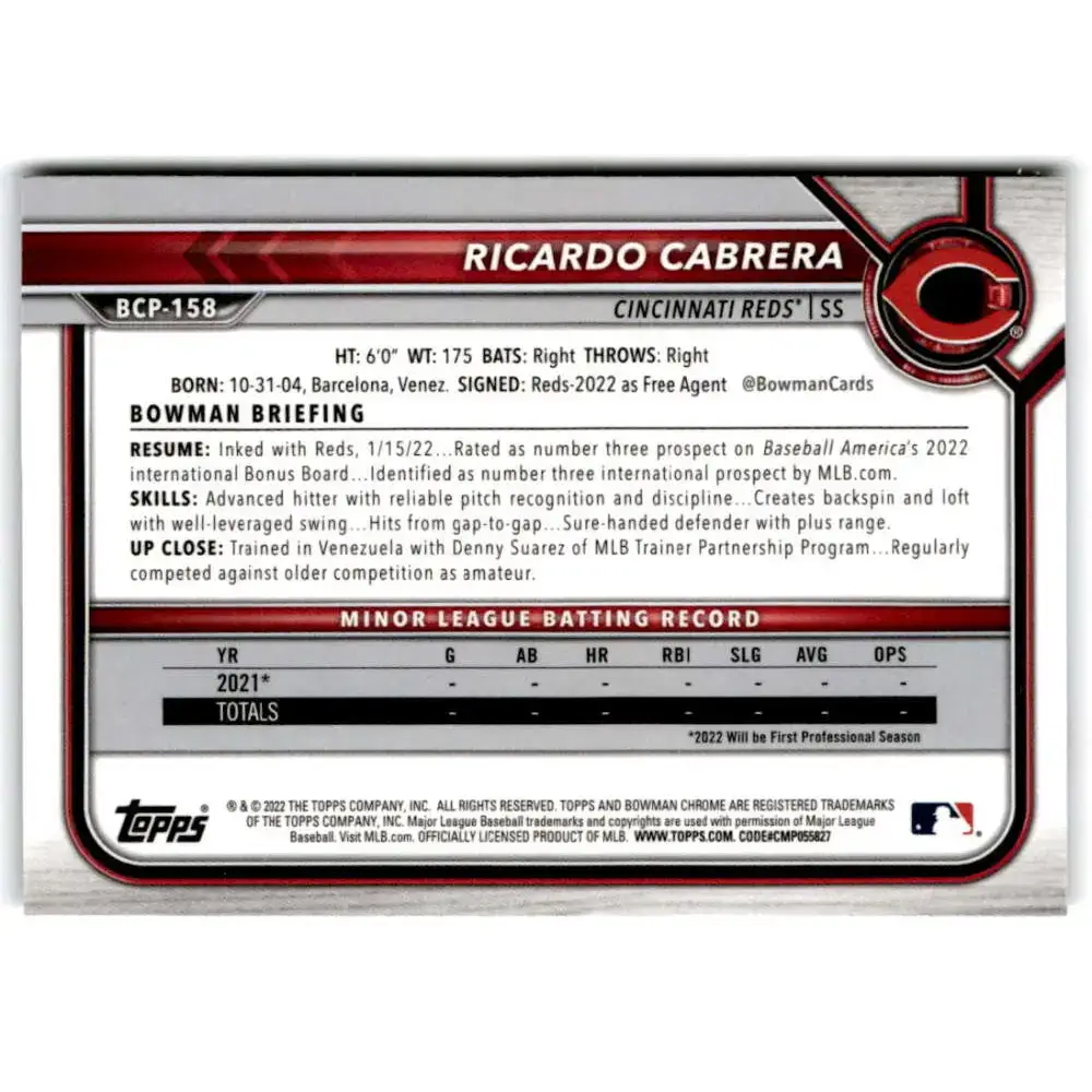 2022 Bowman Chrome Prospects #BCP-158 Ricardo Cabrera NM-MT Cincinnati Reds Baseball Card - Baseball Card Single