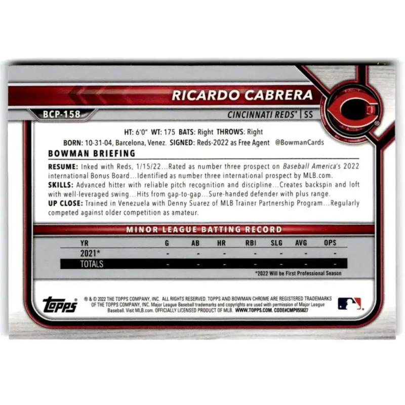 2022 Bowman Chrome Prospects #BCP-158 Ricardo Cabrera NM-MT Cincinnati Reds Baseball Card - Baseball Card Single