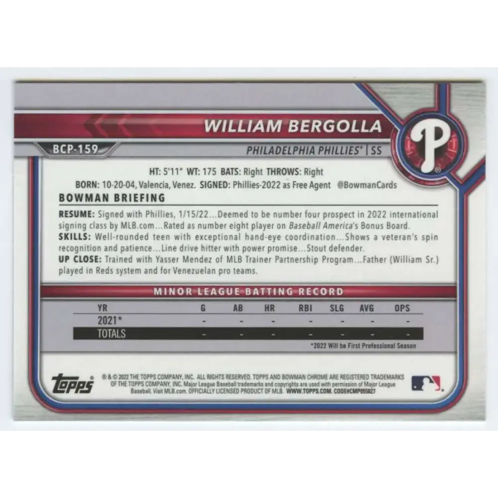 2022 Bowman Chrome Prospects #BCP-159 William Bergolla NM-MT Philadelphia Phillies Baseball Card - Baseball Card Single