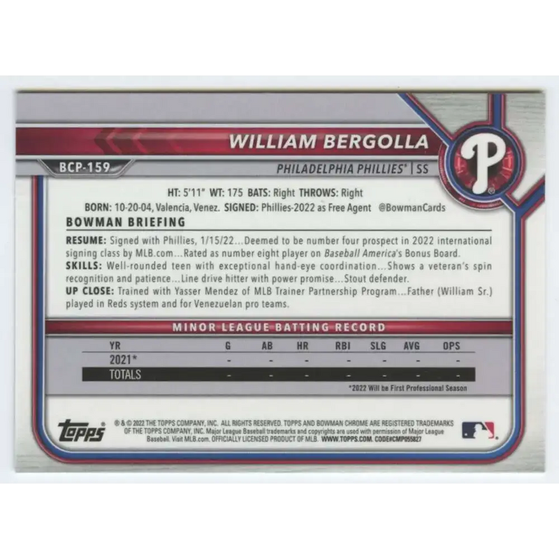 2022 Bowman Chrome Prospects #BCP-159 William Bergolla NM-MT Philadelphia Phillies Baseball Card - Baseball Card Single