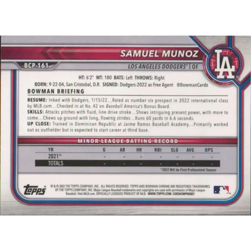 2022 Bowman Chrome Prospects #BCP-161 Samuel Munoz NM-MT Los Angeles Dodgers Baseball Card - Baseball Card Single