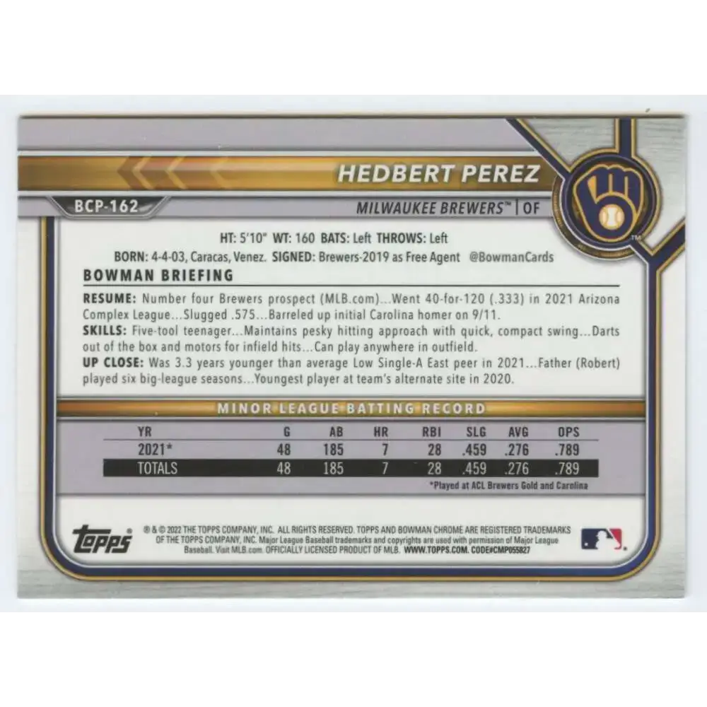 2022 Bowman Chrome Prospects #BCP-162 Hedbert Perez NM-MT Milwaukee Brewers Baseball Card - Baseball Card Single