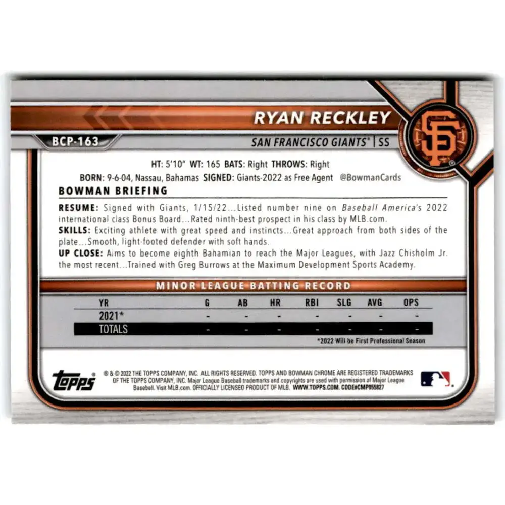 2022 Bowman Chrome Prospects #BCP-163 Ryan Reckley NM-MT San Francisco Giants Baseball Card - Baseball Card Single