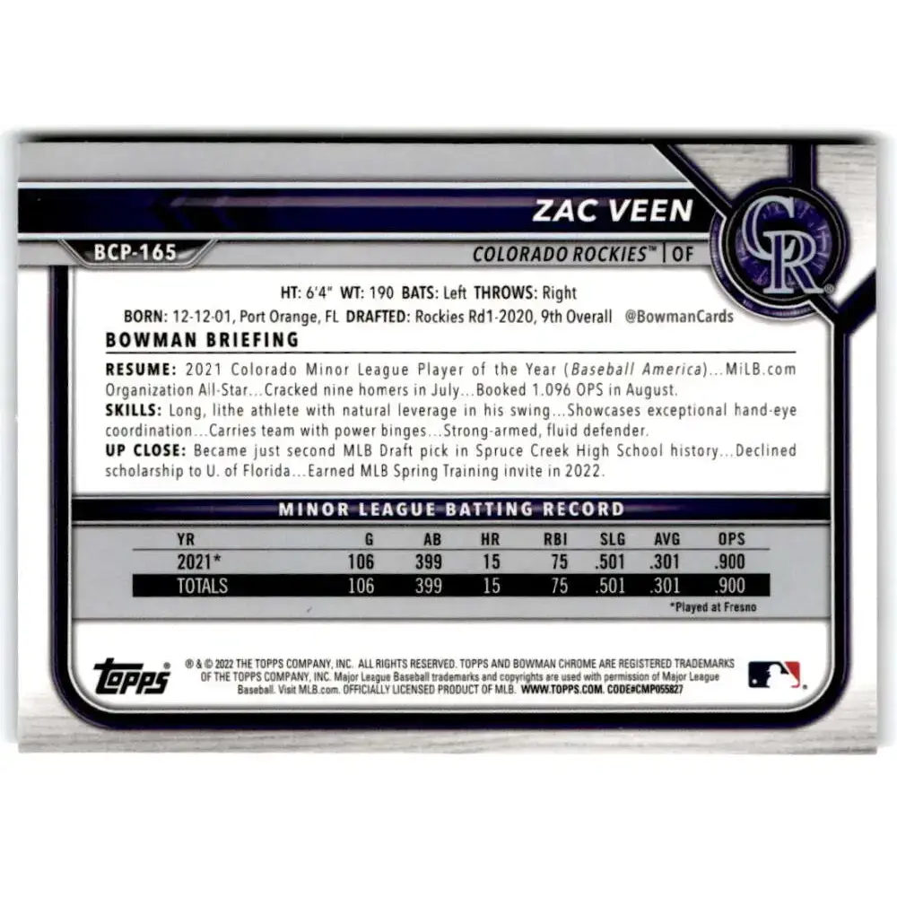 2022 Bowman Chrome Prospects #BCP-165 Zac Veen NM-MT Colorado Rockies Baseball Card - Baseball Card Single