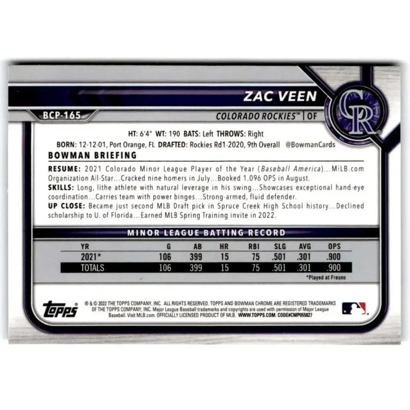 2022 Bowman Chrome Prospects #BCP-165 Zac Veen NM-MT Colorado Rockies Baseball Card - Baseball Card Single