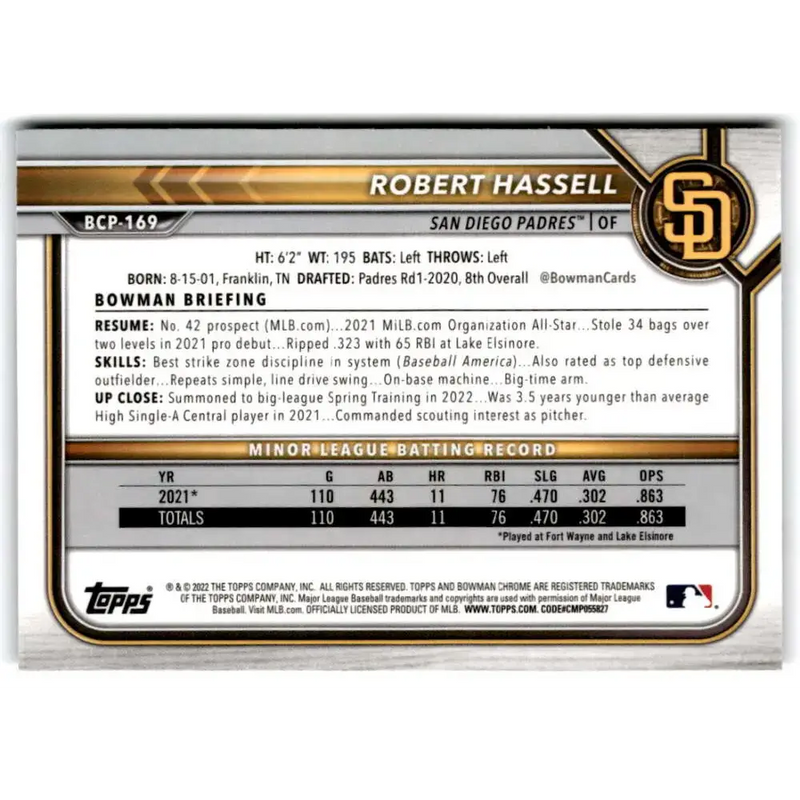 2022 Bowman Chrome Prospects #BCP-169 Robert Hassell NM-MT San Diego Padres Baseball Card - Baseball Card Single