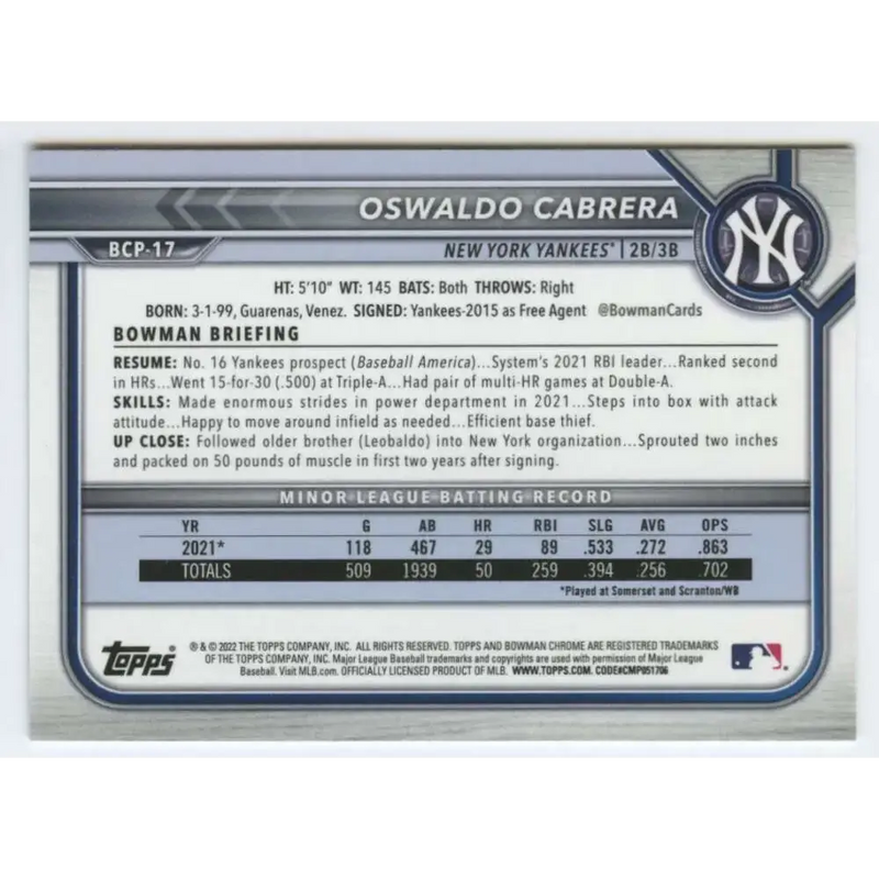 2022 Bowman Chrome Prospects #BCP-17 Oswaldo Cabrera NM-MT New York Yankees Baseball Card - Baseball Card Single