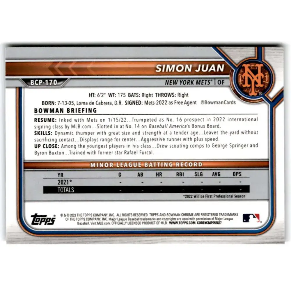 2022 Bowman Chrome Prospects #BCP-170 Simon Juan NM-MT New York Mets Baseball Card - Baseball Card Single