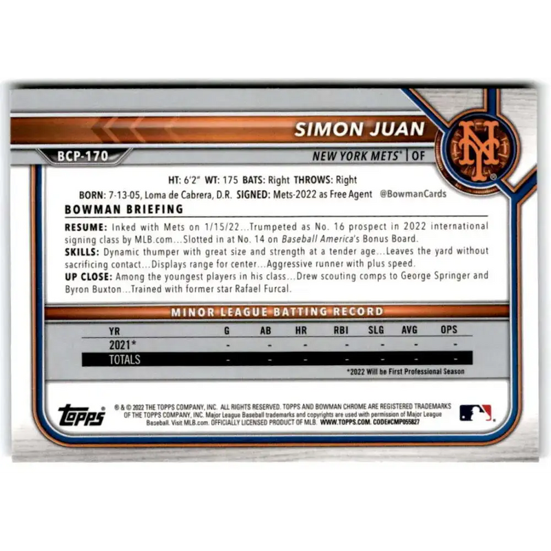 2022 Bowman Chrome Prospects #BCP-170 Simon Juan NM-MT New York Mets Baseball Card - Baseball Card Single