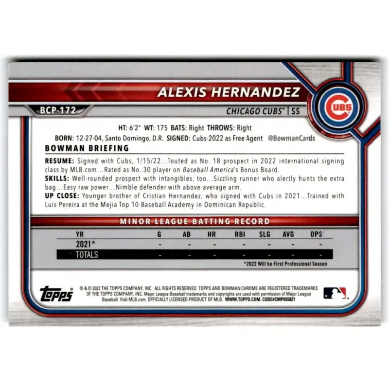 2022 Bowman Chrome Prospects #BCP-172 Alexis Hernandez NM-MT Chicago Cubs Baseball Card - Baseball Card Single