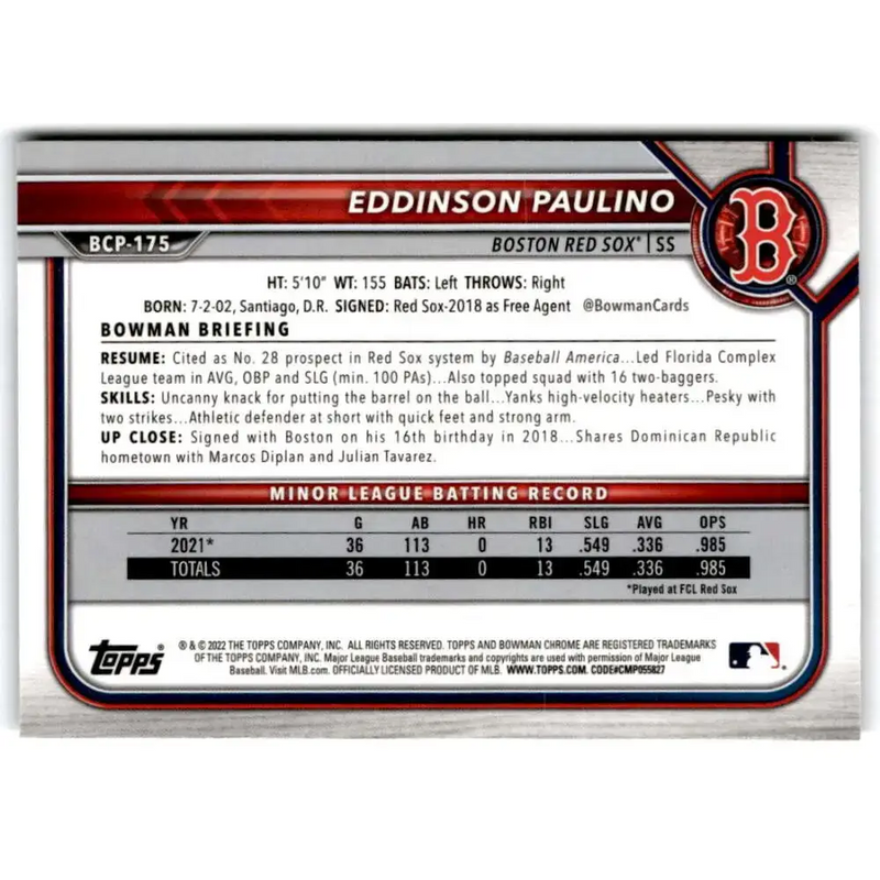 2022 Bowman Chrome Prospects #BCP-175 Eddinson Paulino NM-MT Boston Red Sox Baseball Card - Baseball Card Single