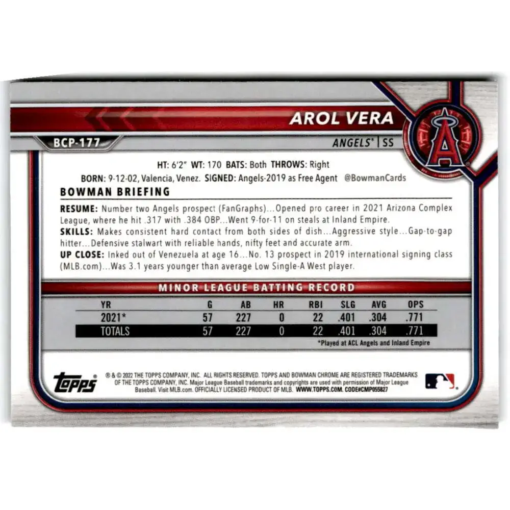 2022 Bowman Chrome Prospects #BCP-177 Arol Vera NM-MT Los Angeles Angels Baseball Card - Baseball Card Single
