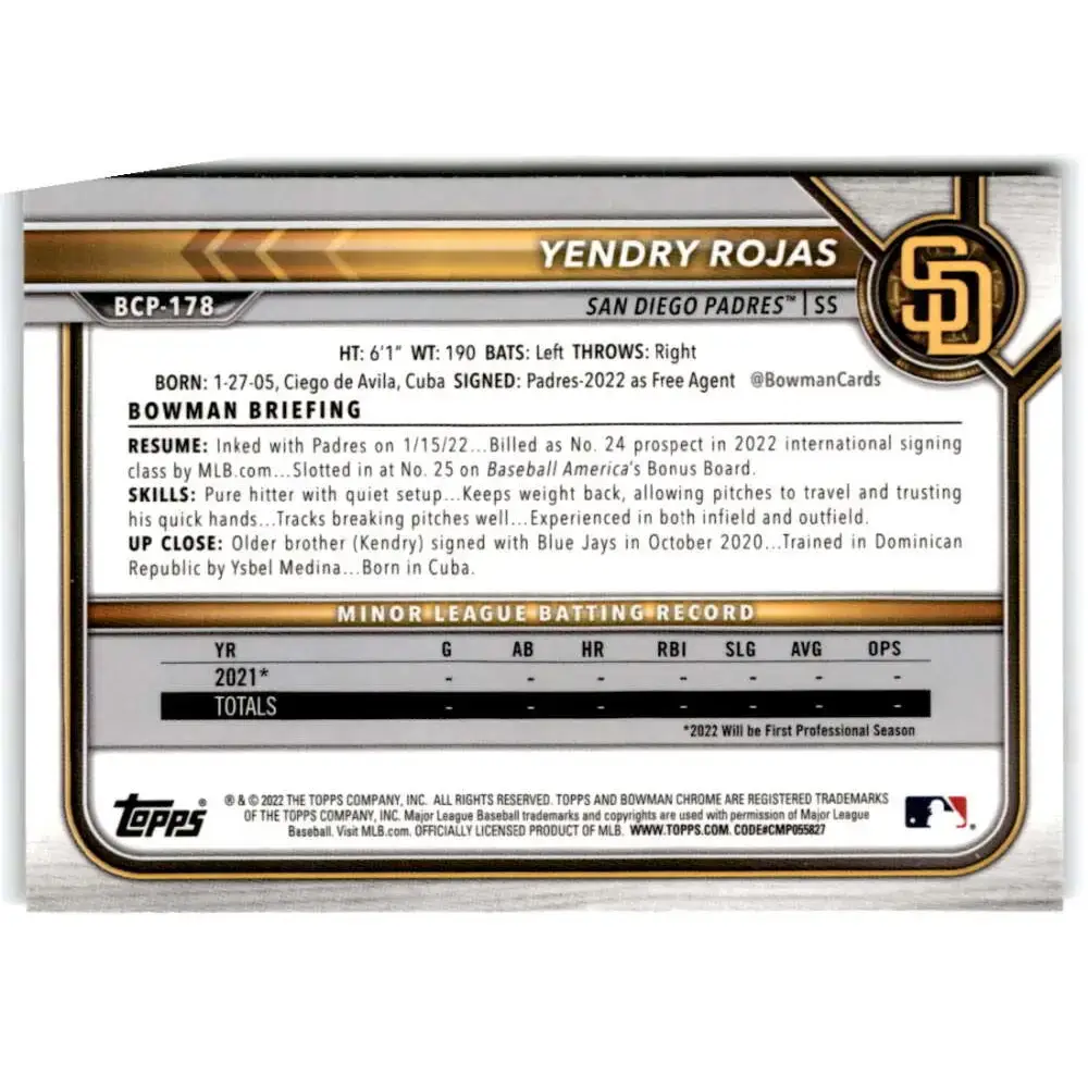 2022 Bowman Chrome Prospects #BCP-178 Yendry Rojas NM-MT San Diego Padres Baseball Card - Baseball Card Single