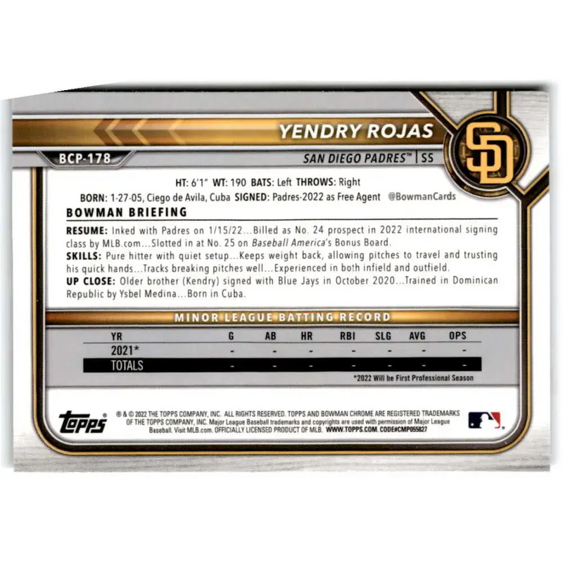 2022 Bowman Chrome Prospects #BCP-178 Yendry Rojas NM-MT San Diego Padres Baseball Card - Baseball Card Single