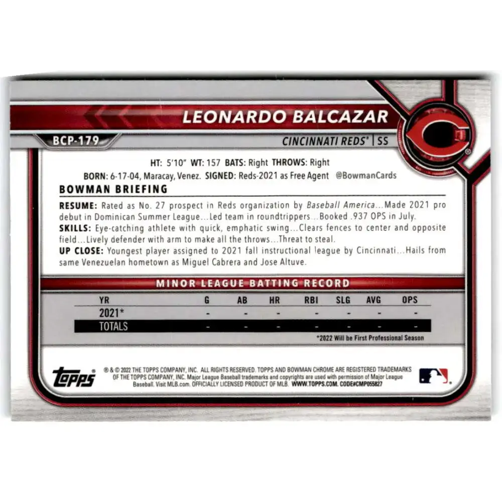 2022 Bowman Chrome Prospects #BCP-179 Leonardo Balcazar NM-MT Cincinnati Reds Baseball Card - Baseball Card Single