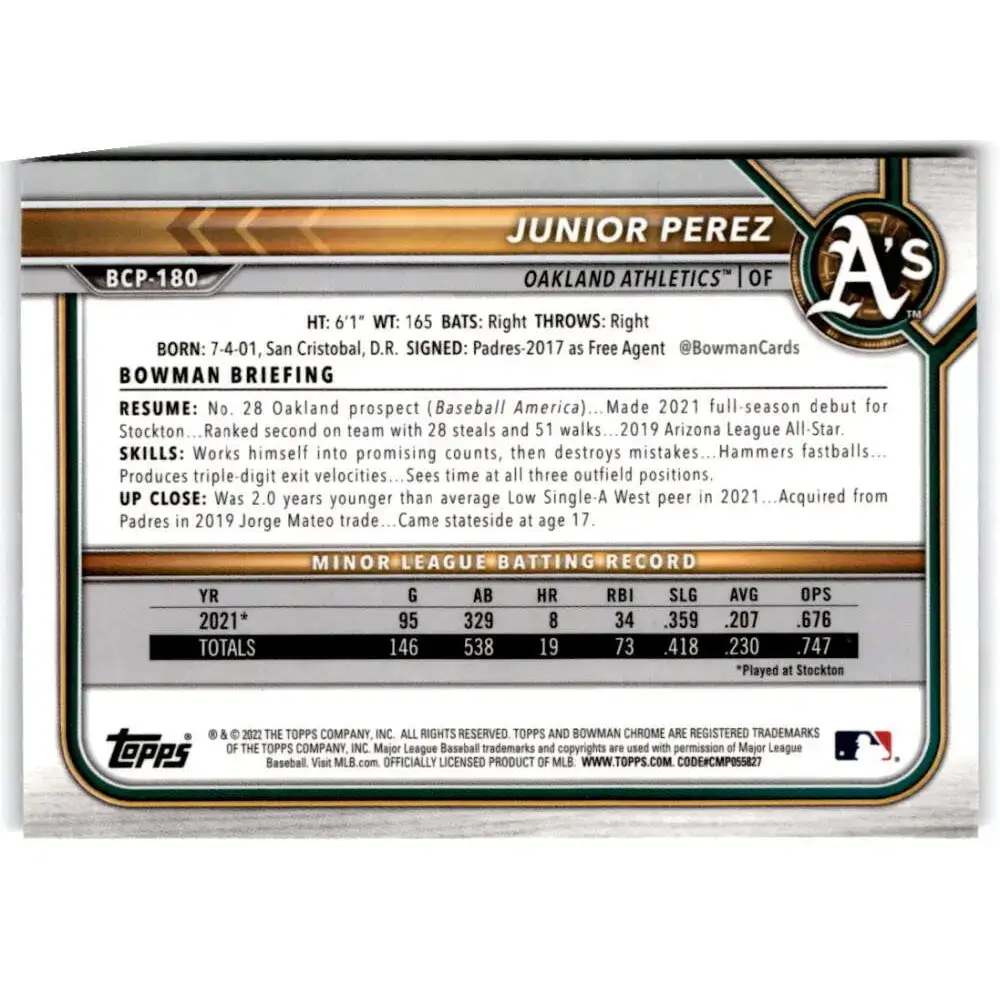 2022 Bowman Chrome Prospects #BCP-180 Junior Perez NM-MT Oakland Athletics Baseball Card - Baseball Card Single