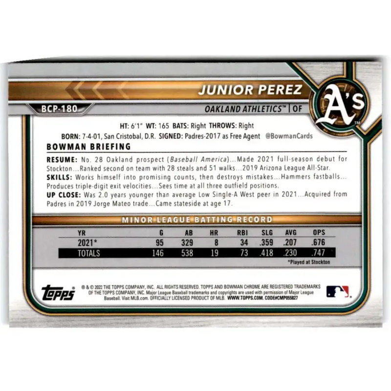 2022 Bowman Chrome Prospects #BCP-180 Junior Perez NM-MT Oakland Athletics Baseball Card - Baseball Card Single