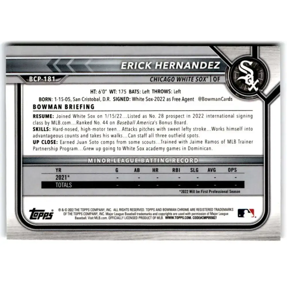2022 Bowman Chrome Prospects #BCP-181 Erick Hernandez NM-MT Chicago White Sox Baseball Card - Baseball Card Single