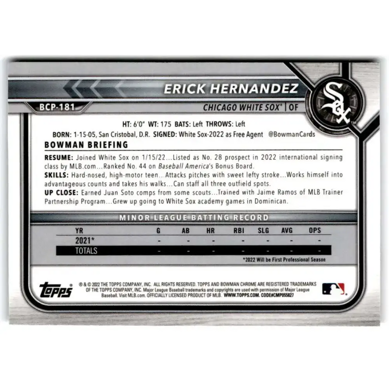 2022 Bowman Chrome Prospects #BCP-181 Erick Hernandez NM-MT Chicago White Sox Baseball Card - Baseball Card Single