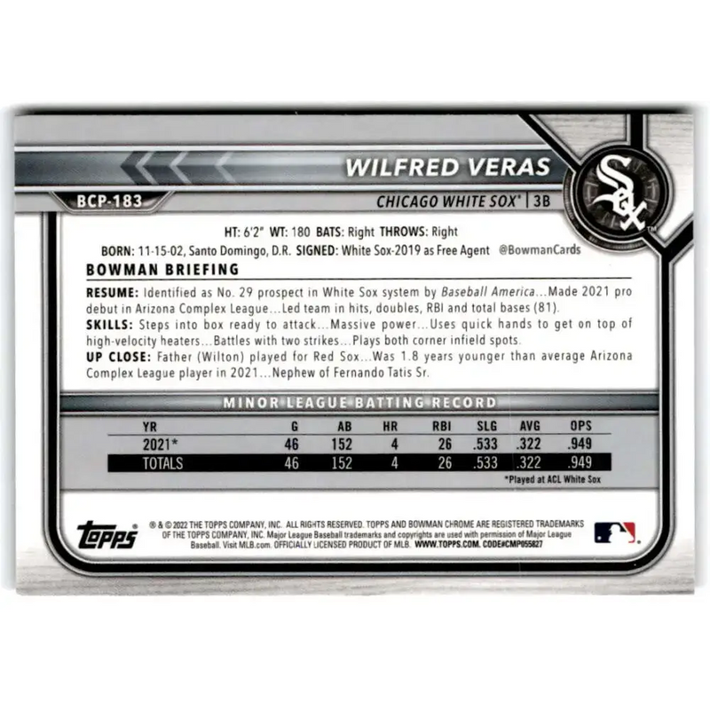 2022 Bowman Chrome Prospects #BCP-183 Wilfred Veras NM-MT Chicago White Sox Baseball Card - Baseball Card Single