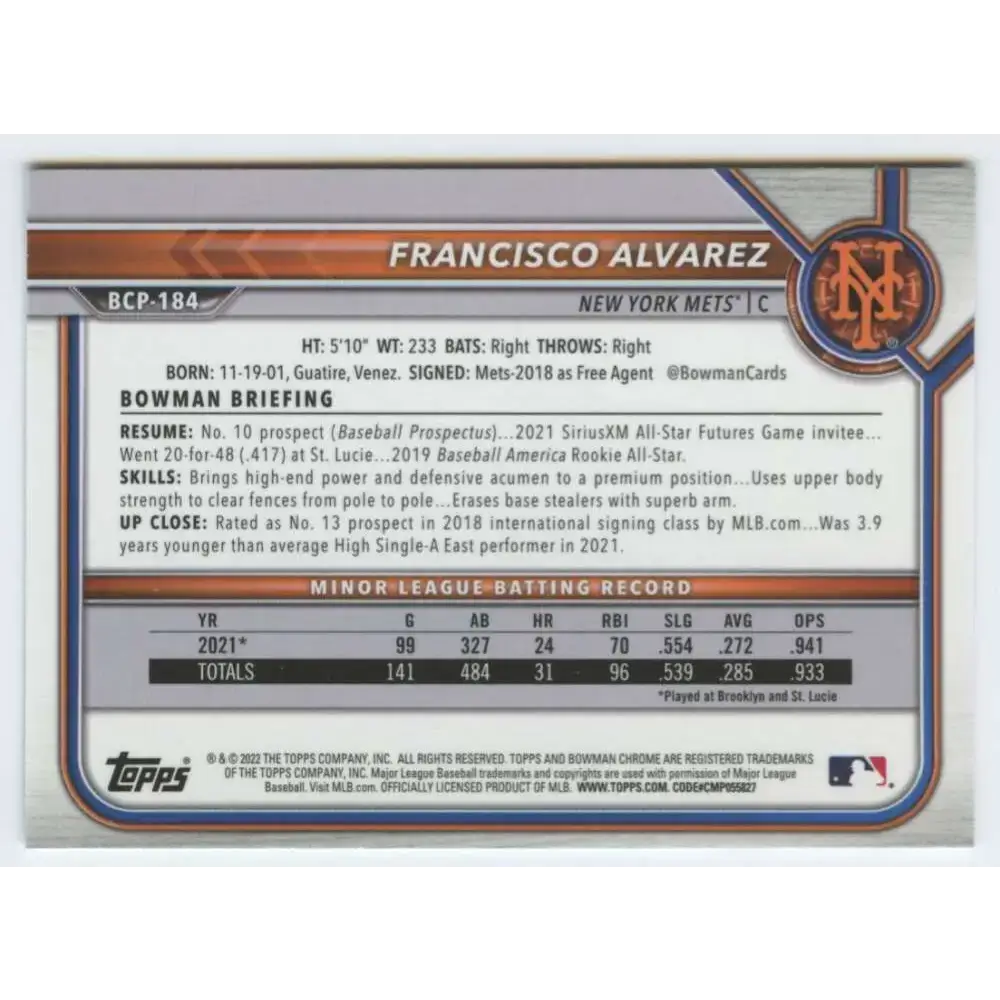 2022 Bowman Chrome Prospects #BCP-184 Francisco Alvarez NM-MT New York Mets Baseball Card - Baseball Card Single