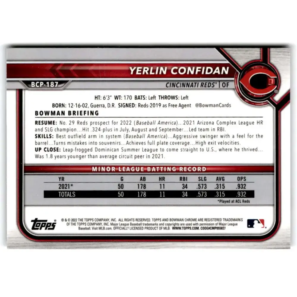 2022 Bowman Chrome Prospects #BCP-187 Yerlin Confidan NM-MT Cincinnati Reds Baseball Card - Baseball Card Single