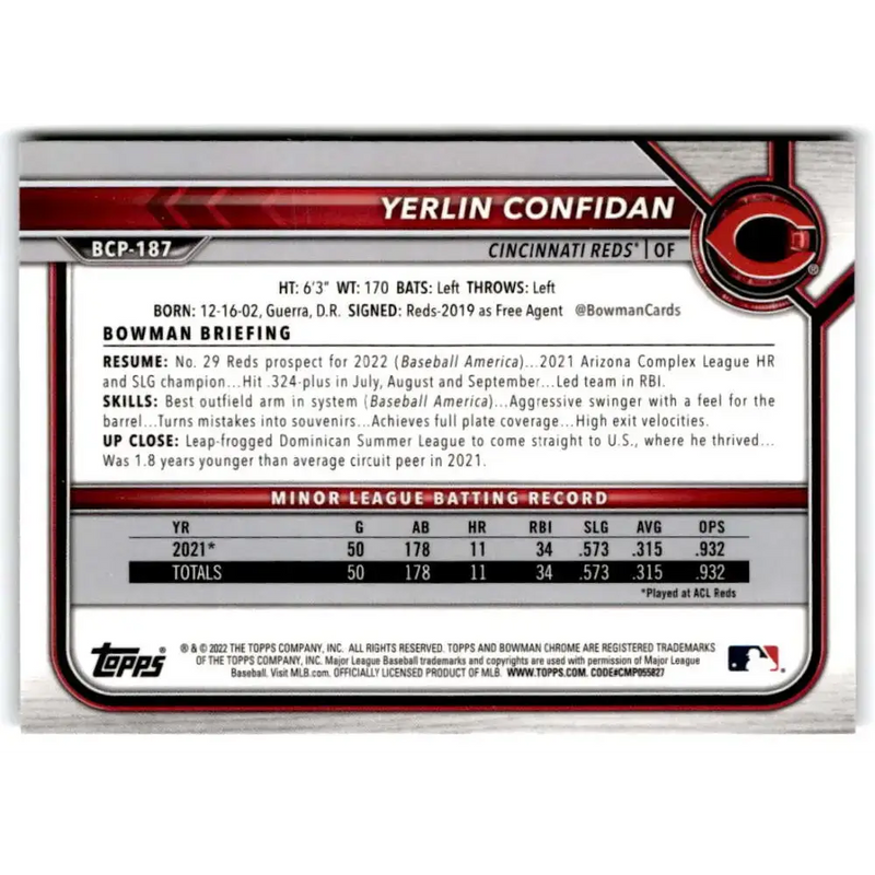 2022 Bowman Chrome Prospects #BCP-187 Yerlin Confidan NM-MT Cincinnati Reds Baseball Card - Baseball Card Single