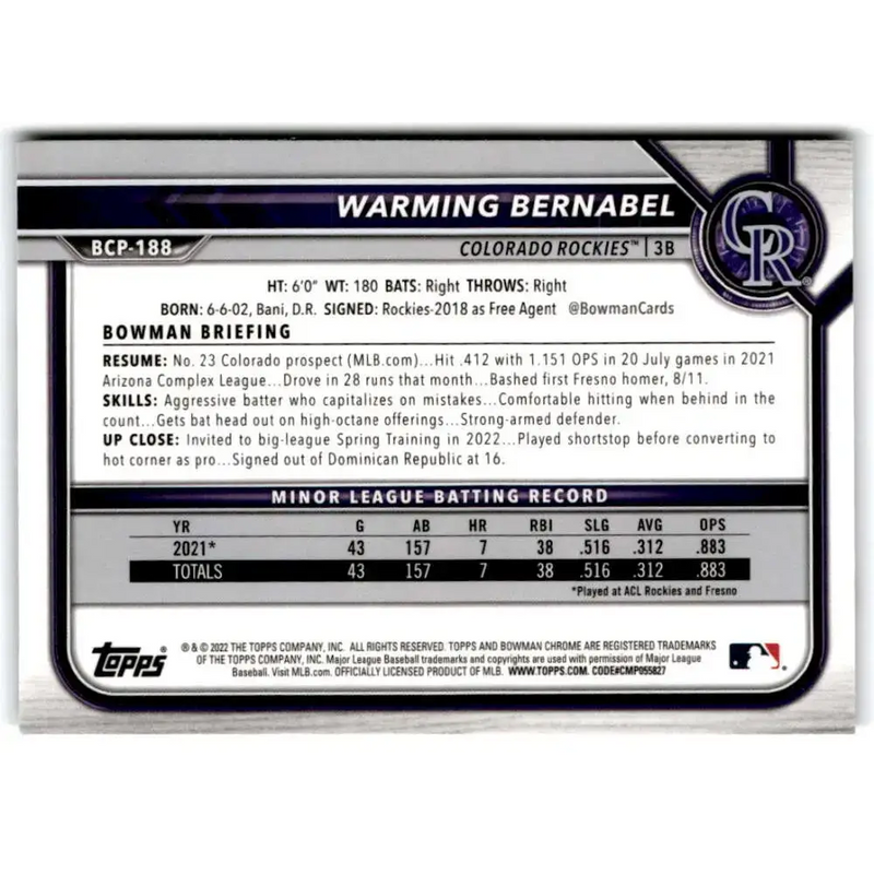 2022 Bowman Chrome Prospects #BCP-188 Warming Bernabel NM-MT Colorado Rockies Baseball Card - Baseball Card Single
