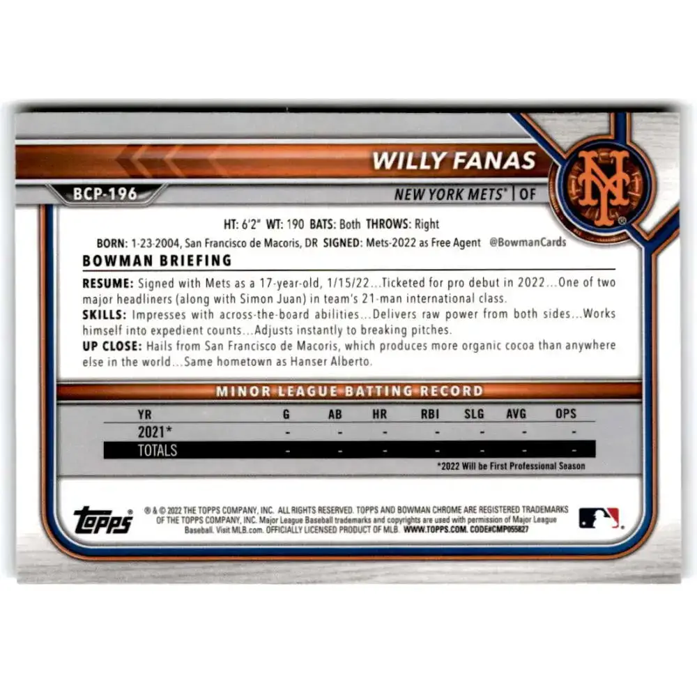 2022 Bowman Chrome Prospects #BCP-196 Willy Fanas NM-MT New York Mets Baseball Card - Baseball Card Single
