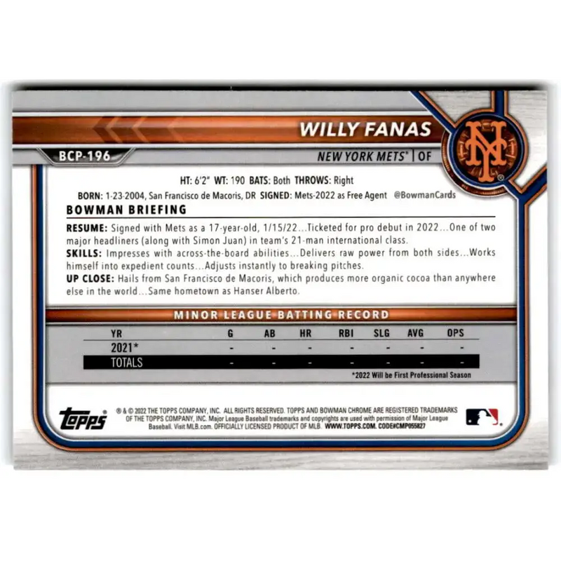 2022 Bowman Chrome Prospects #BCP-196 Willy Fanas NM-MT New York Mets Baseball Card - Baseball Card Single