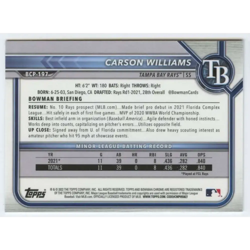 2022 Bowman Chrome Prospects #BCP-197 Carson Williams NM-MT Tampa Bay Rays Baseball Card - Baseball Card Single
