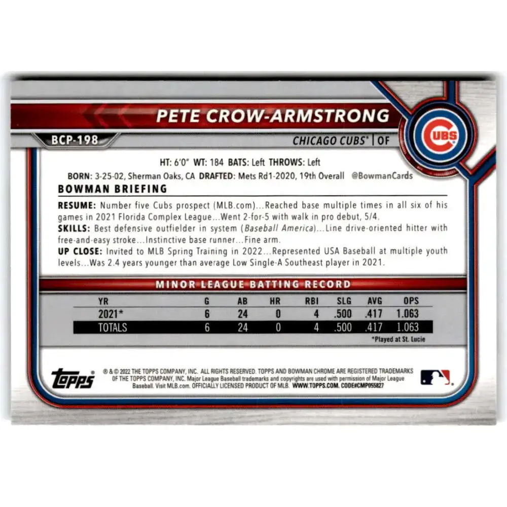 2022 Bowman Chrome Prospects #BCP-198 Pete Crow-Armstrong NM-MT Chicago Cubs Baseball Card - Baseball Card Single