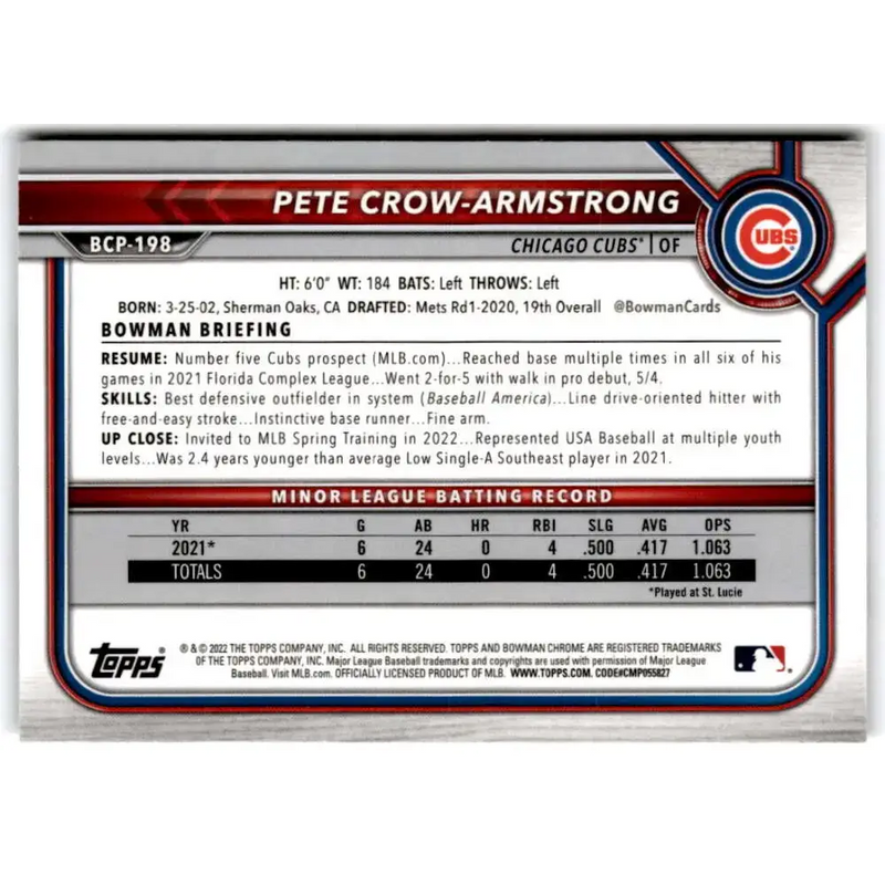 2022 Bowman Chrome Prospects #BCP-198 Pete Crow-Armstrong NM-MT Chicago Cubs Baseball Card - Baseball Card Single