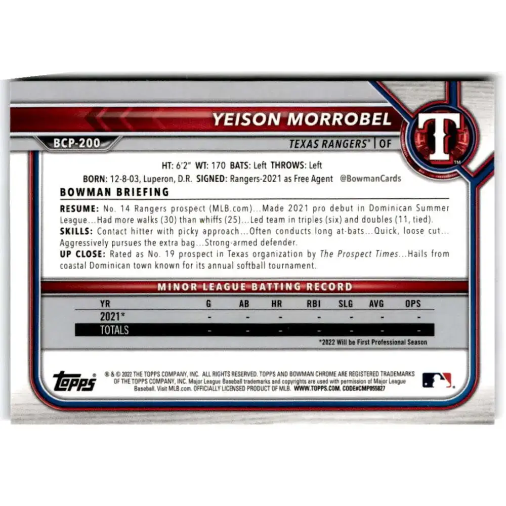 2022 Bowman Chrome Prospects #BCP-200 Yeison Morrobel NM-MT Texas Rangers Baseball Card - Baseball Card Single