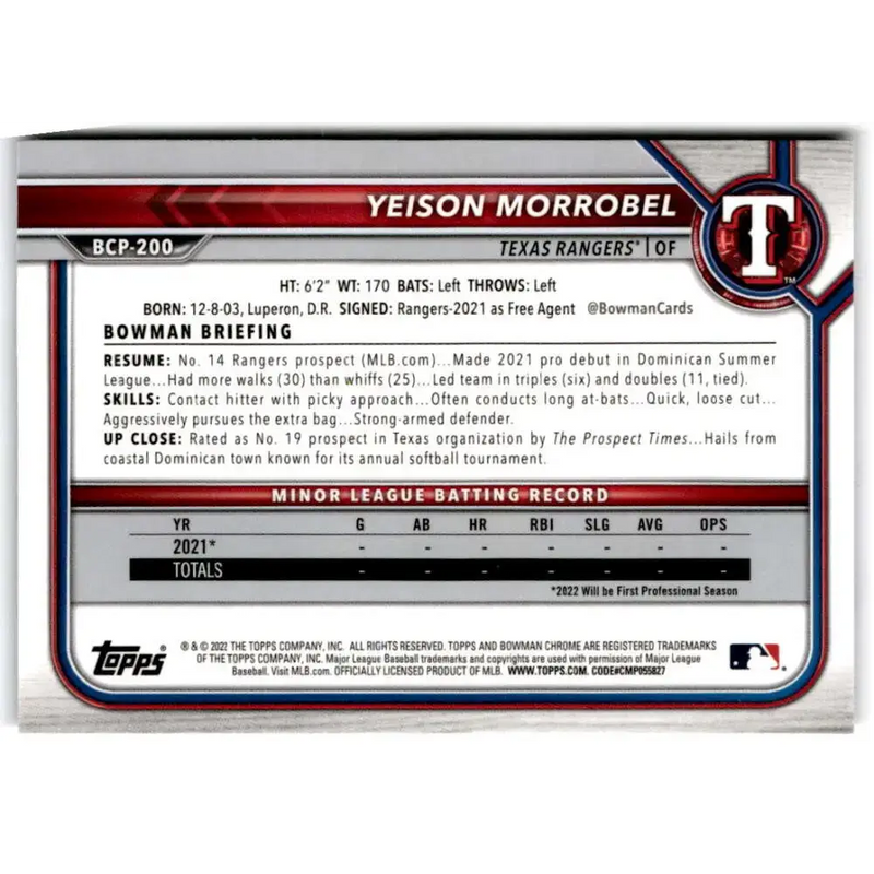 2022 Bowman Chrome Prospects #BCP-200 Yeison Morrobel NM-MT Texas Rangers Baseball Card - Baseball Card Single