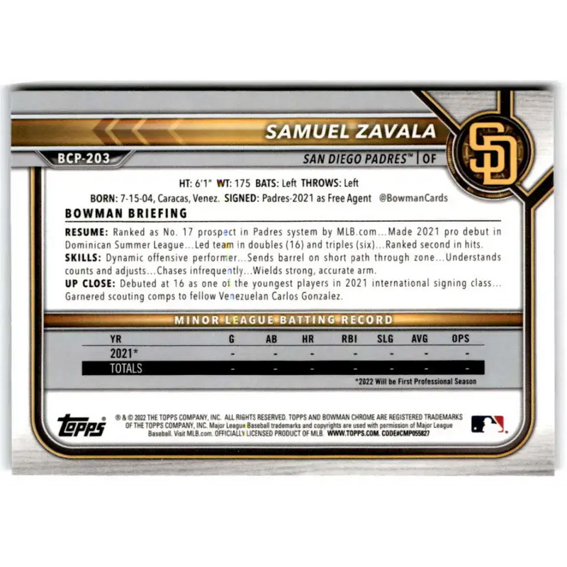 2022 Bowman Chrome Prospects #BCP-203 Samuel Zavala NM-MT San Diego Padres Baseball Card - Baseball Card Single