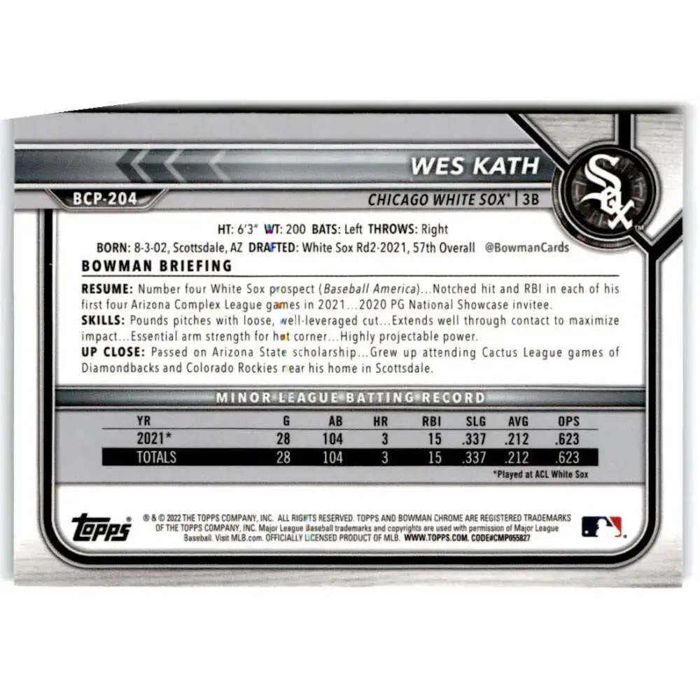 2022 Bowman Chrome Prospects #BCP-204 Wes Kath NM-MT Chicago White Sox Baseball Card - Baseball Card Single