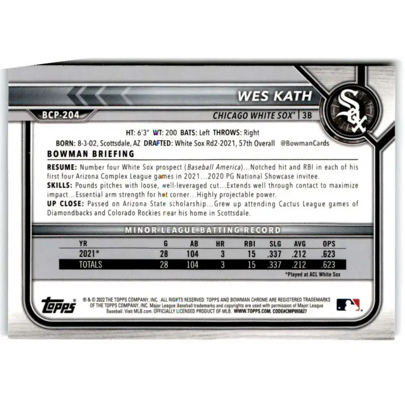 2022 Bowman Chrome Prospects #BCP-204 Wes Kath NM-MT Chicago White Sox Baseball Card - Baseball Card Single