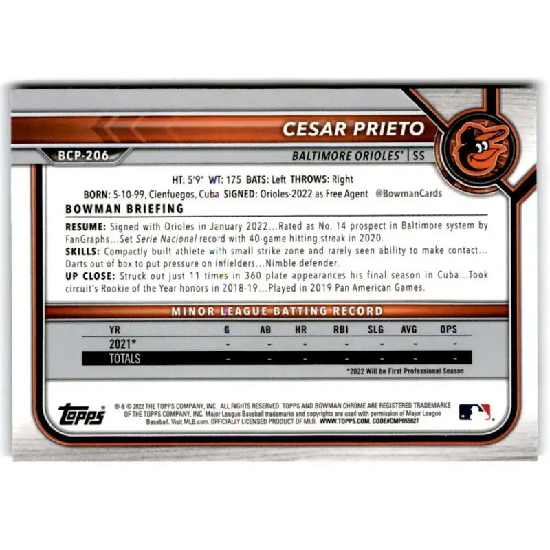 2022 Bowman Chrome Prospects #BCP-206 Cesar Prieto NM-MT Baltimore Orioles Baseball Card - Baseball Card Single